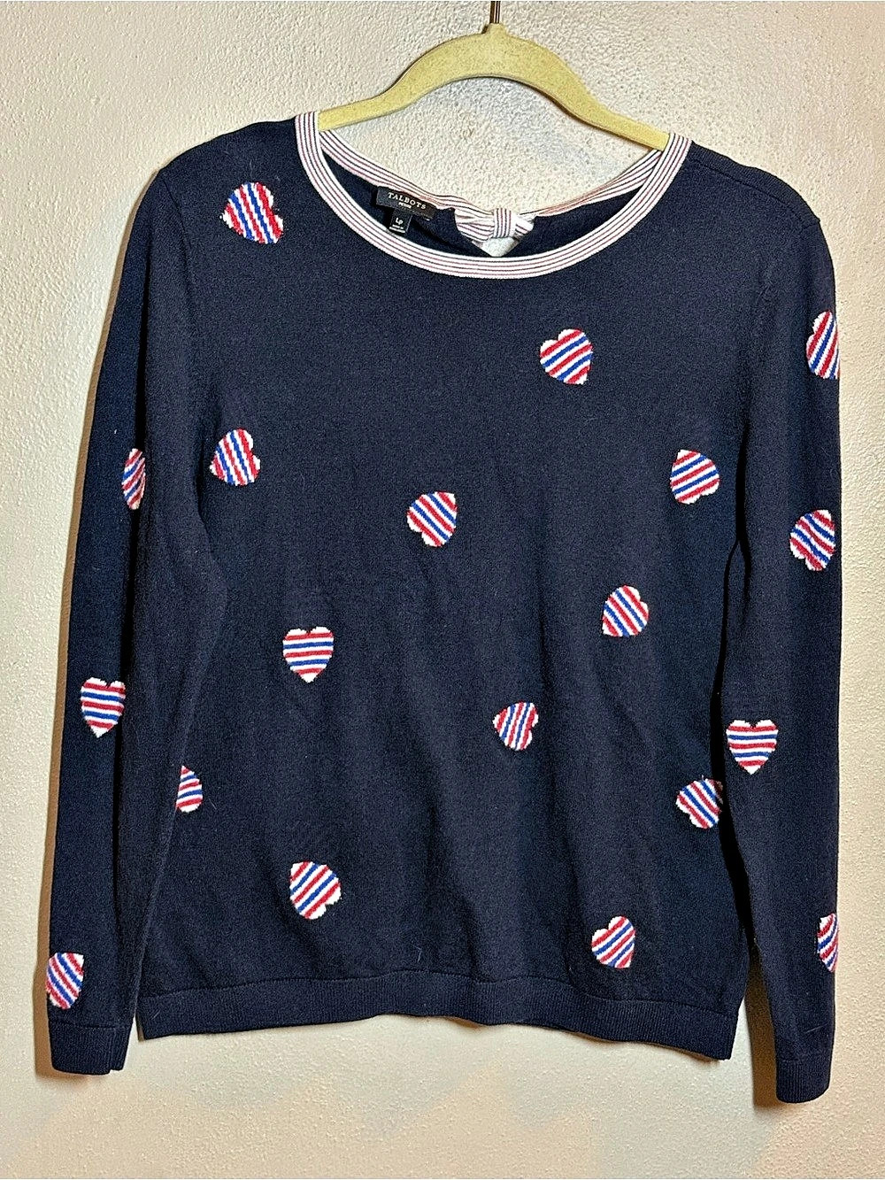 Talbots Heart Print Tie Back Sweater Heart Red/White/Blue Stripes on Navy Sz Pet
